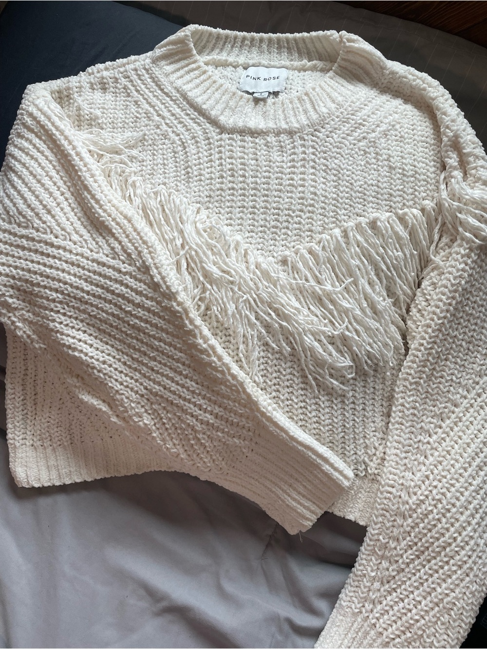 Pink Rose Cream Fringe Crewneck Sweater